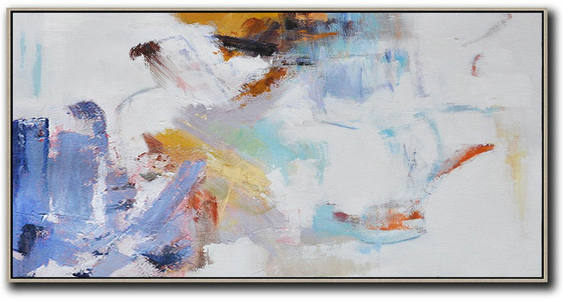 Horizontal Abstract Art On Canvas,Original Art Acrylic Painting,White,Blue,Grey,Earthy Yellow
